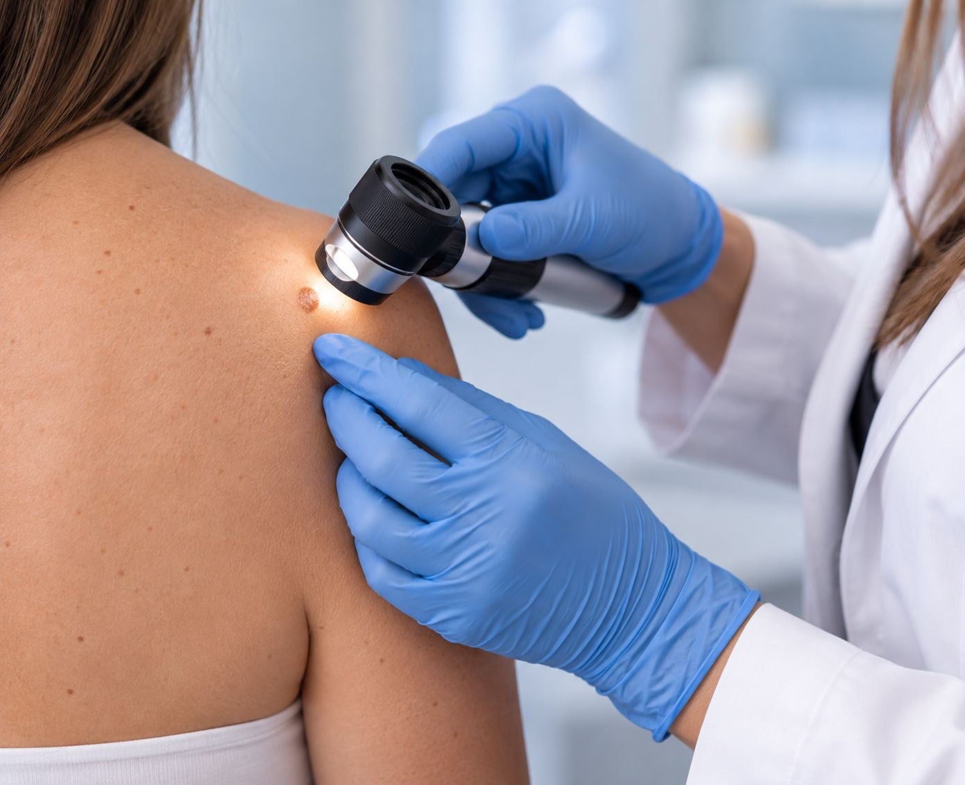Dermatologist examining a mole with a dermatoscope in Cabo San Lucas